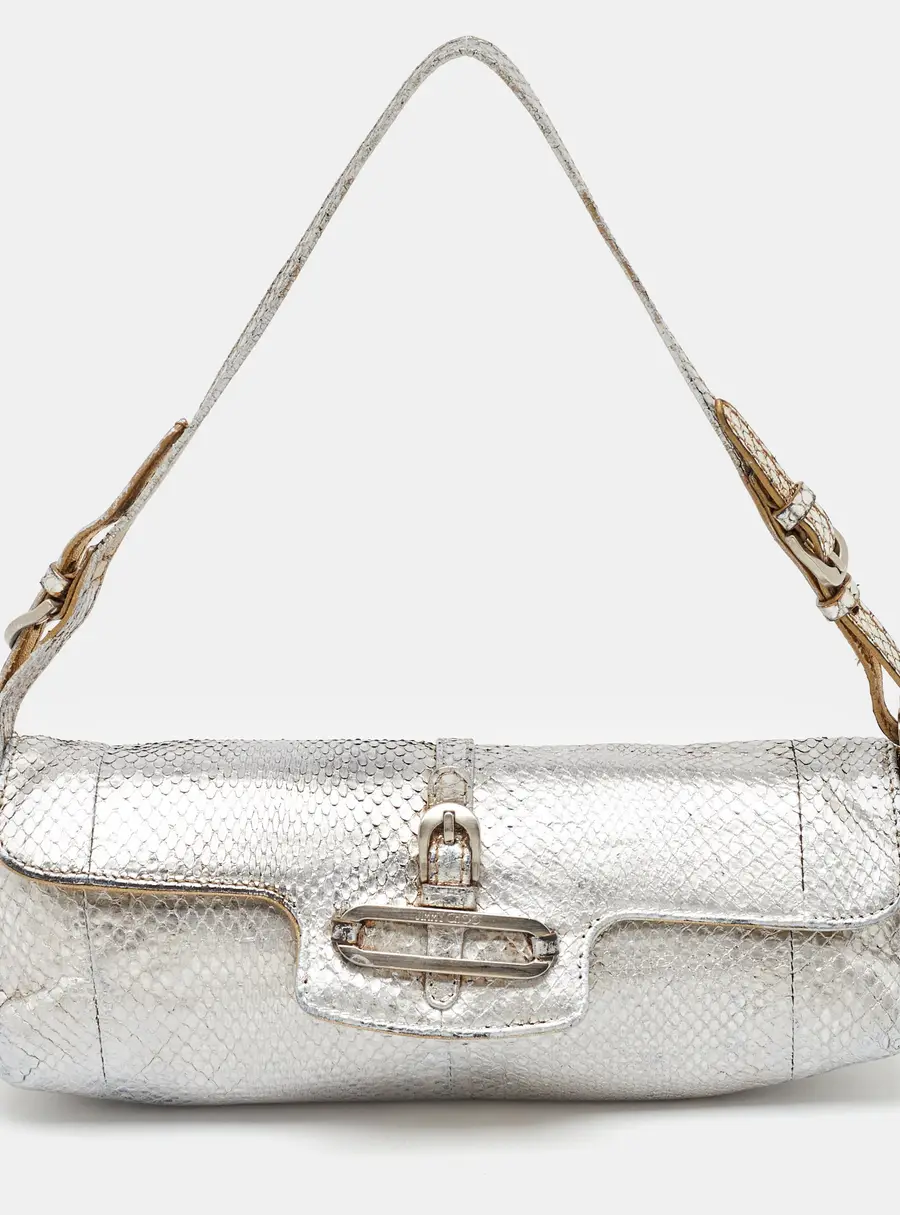 Jimmy Choo Metallic Silver Python Tulita Baguette Bag