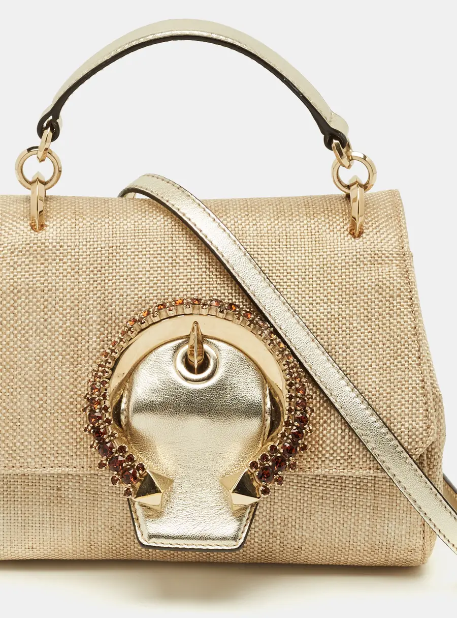 Jimmy Choo Crystal Madeline Gold Woven Raffia Top Handle Bag
