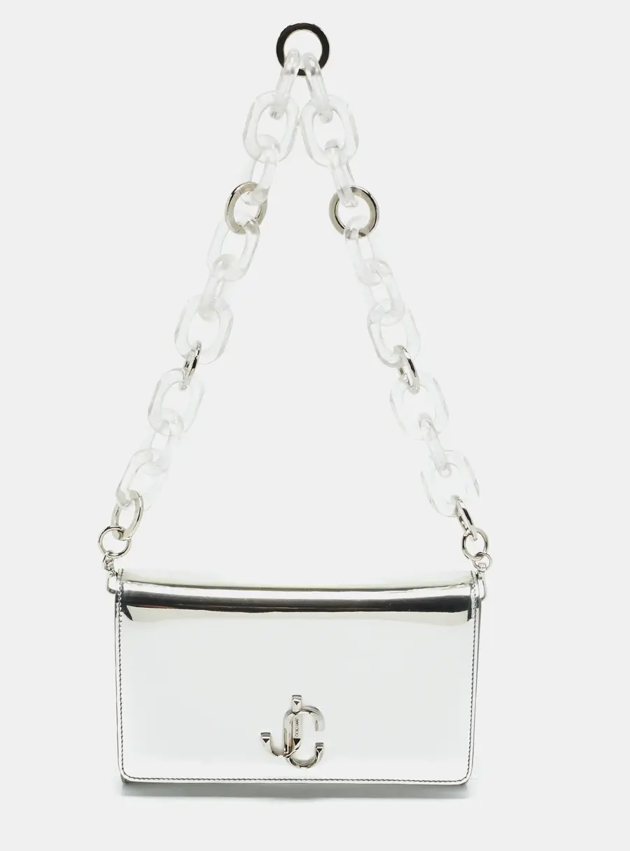 Jimmy Choo Varenne Silver Mirror Leather Acrylic Chain Clutch