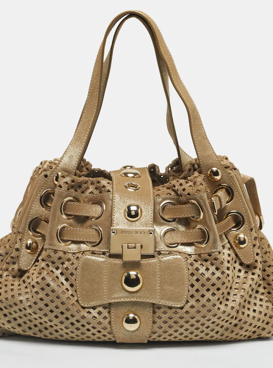 Jimmy Choo Gold Shimmer Perforated Suede Riki Tote