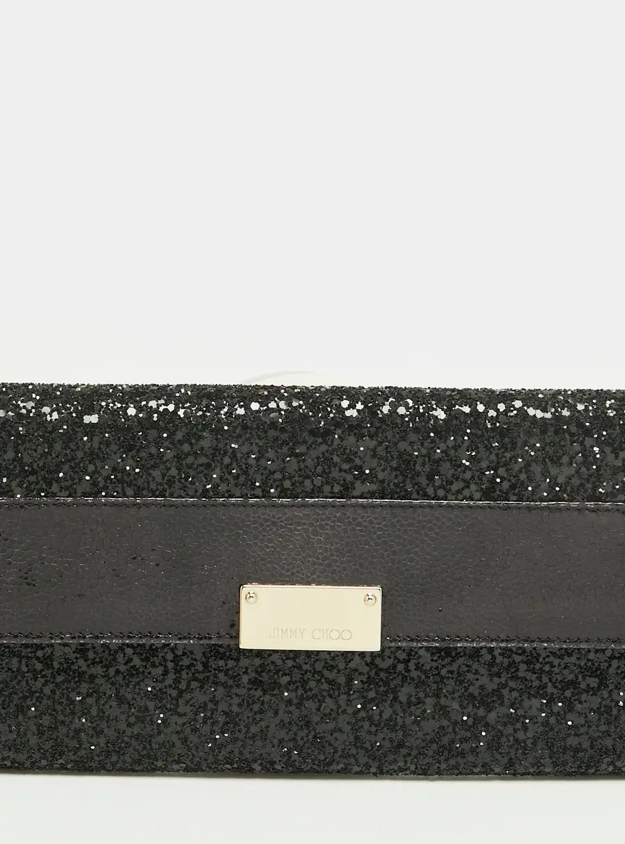 Jimmy Choo Reese Black Glitter and Leather Clutch