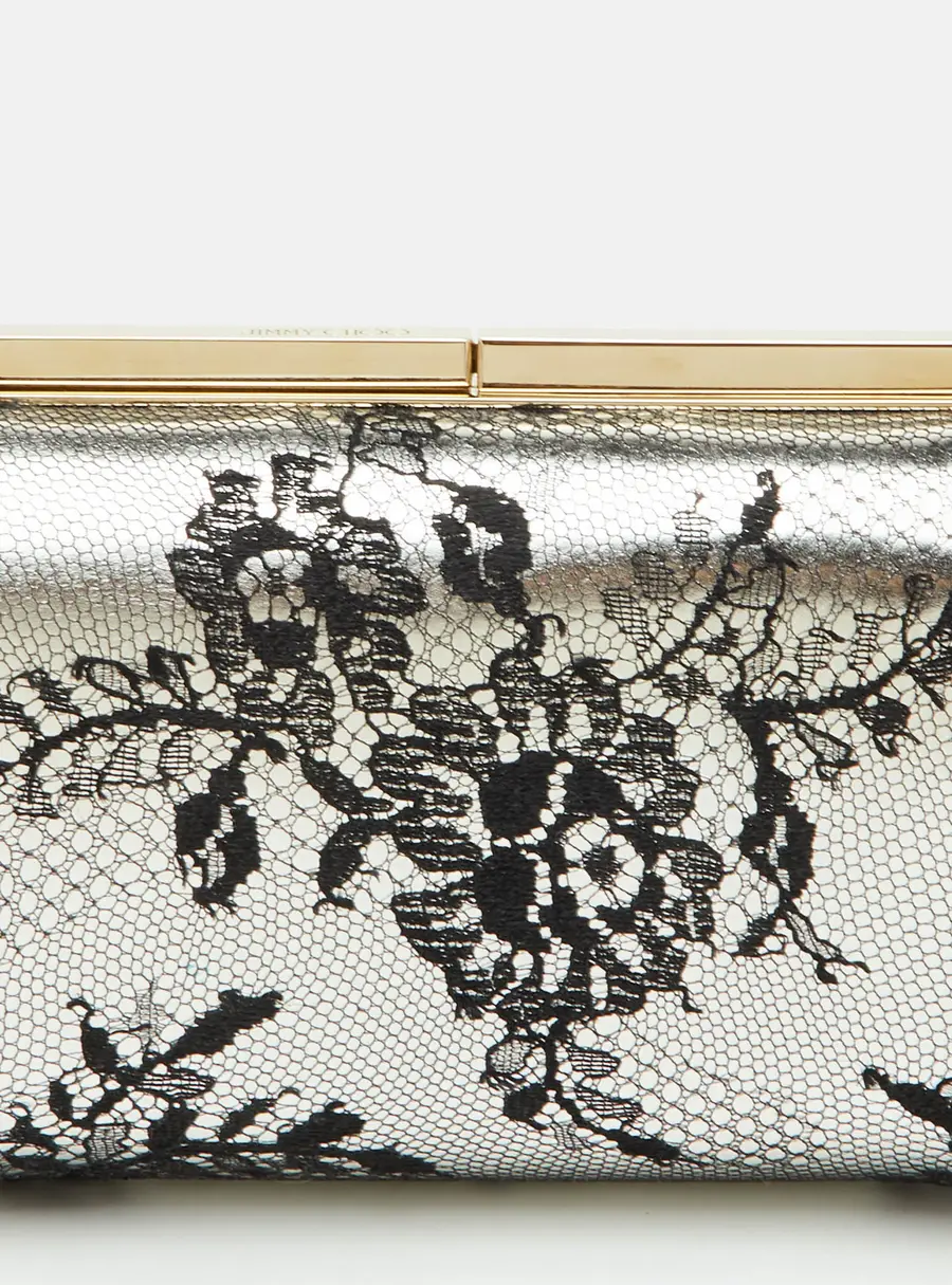 Jimmy Choo Camille Grey/Black Metallic Leather and Lace Clutch