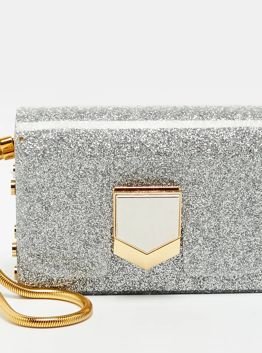 Jimmy Choo Lockett Silver Glitter Acrylic Minaudiere Clutch