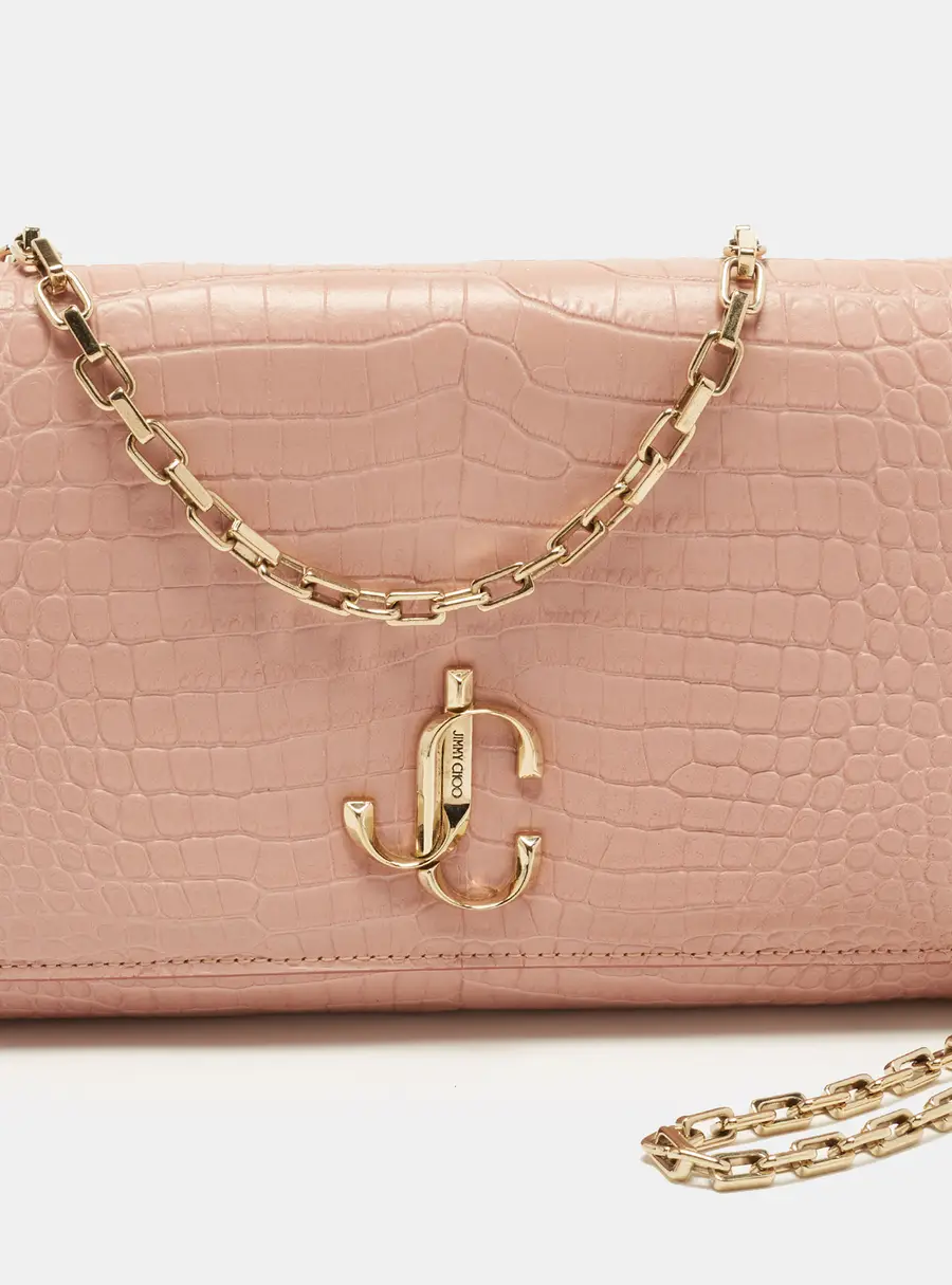 Jimmy Choo Varenne Pink Croc Embossed Leather Chain Clutch