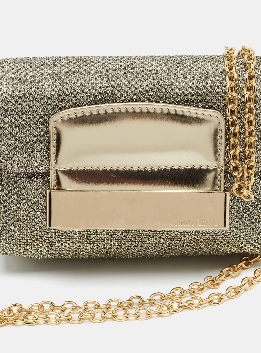 Jimmy Choo Caro Gold Glitter and Leather Chain Clutch