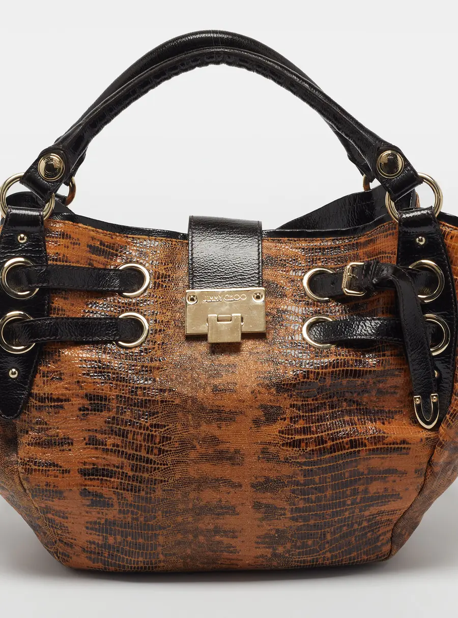 Jimmy Choo Riki Brown/Black Lizard Effect and Patent Leather Leather Hobo