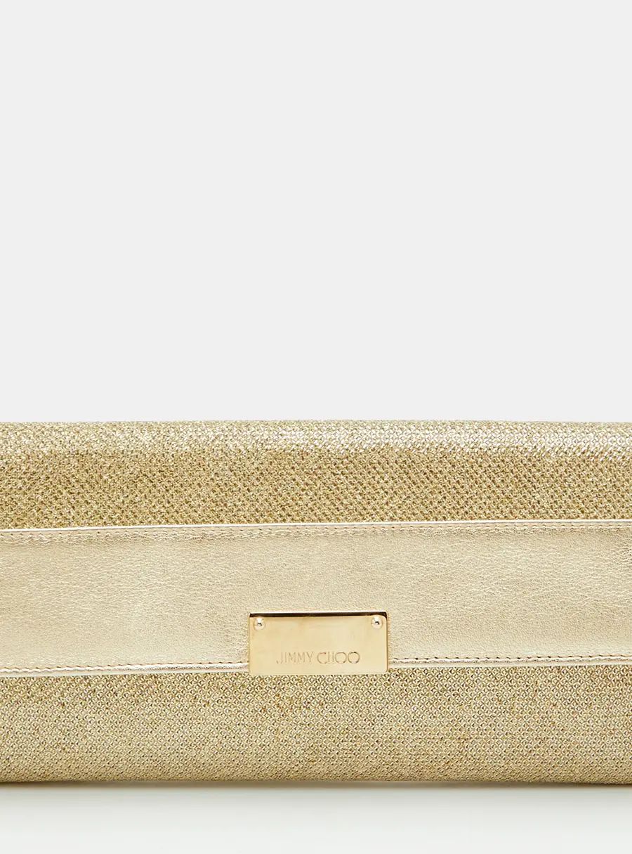Jimmy Choo Reese Gold Leather and Metallic Lurex Fabric Clutch