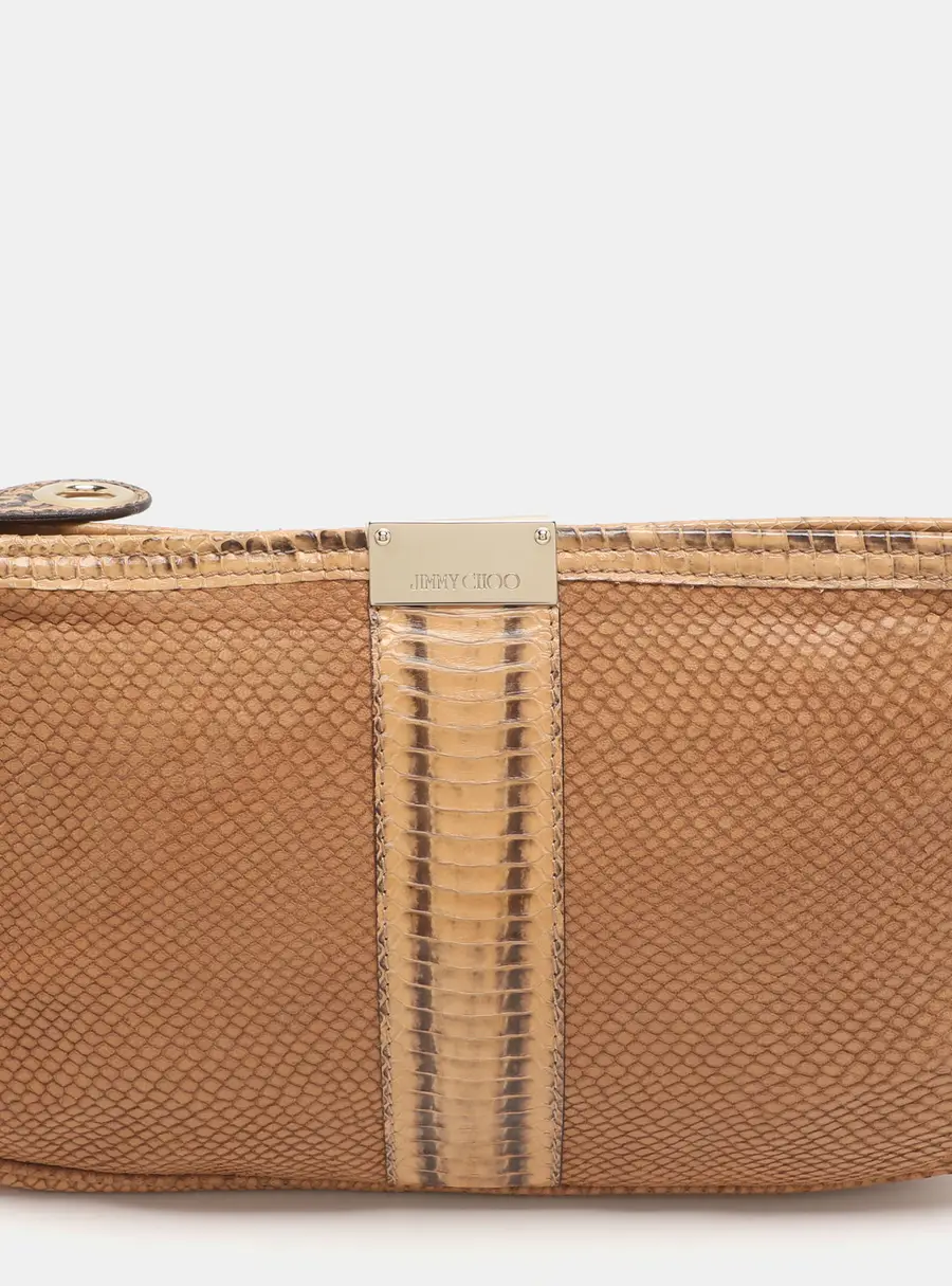 Jimmy Choo Zulu Brown Snakeskin Leather and Snake Print Suede Clutch
