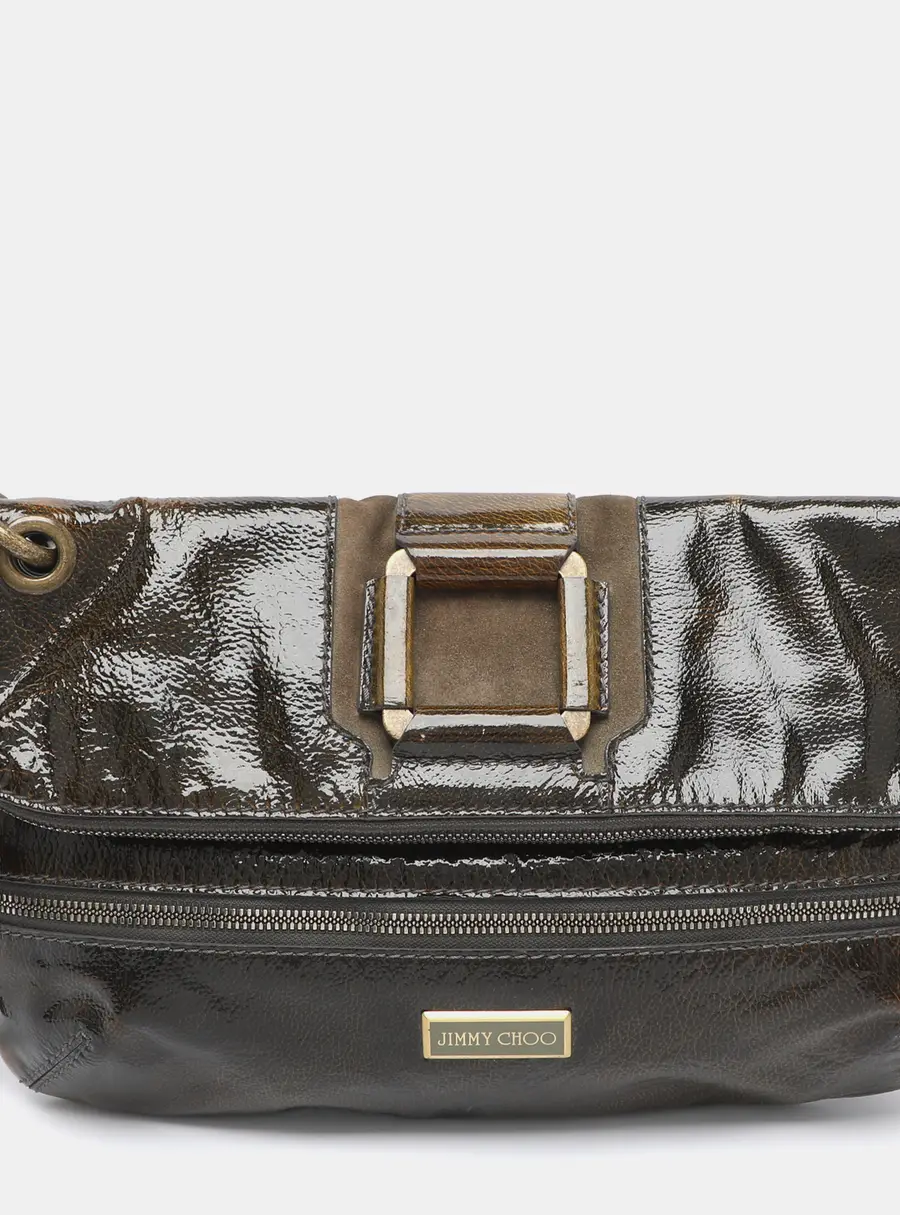 Jimmy Choo Mave Dark Green Patent Leather Foldover Clutch