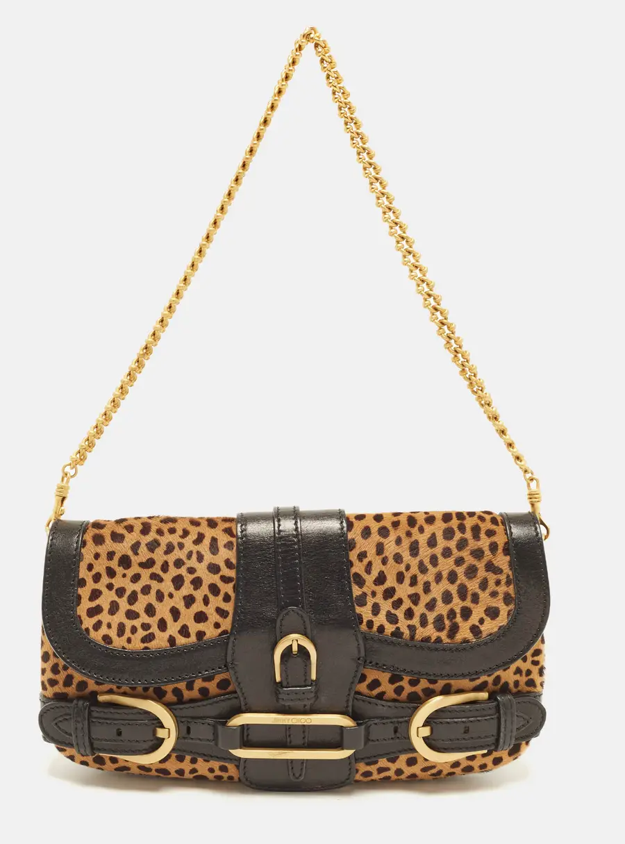Jimmy Choo Tulita Chain Black/Brown Leopard Print Calfhair and Leather Shoulder Bag