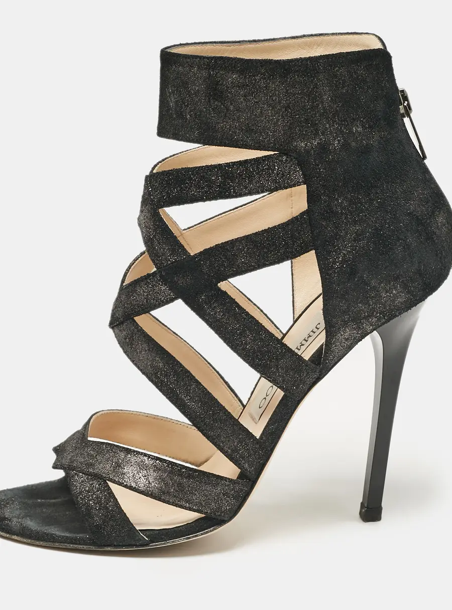 Jimmy Choo Black Glitter Suede Strappy Sandals Size 38.5