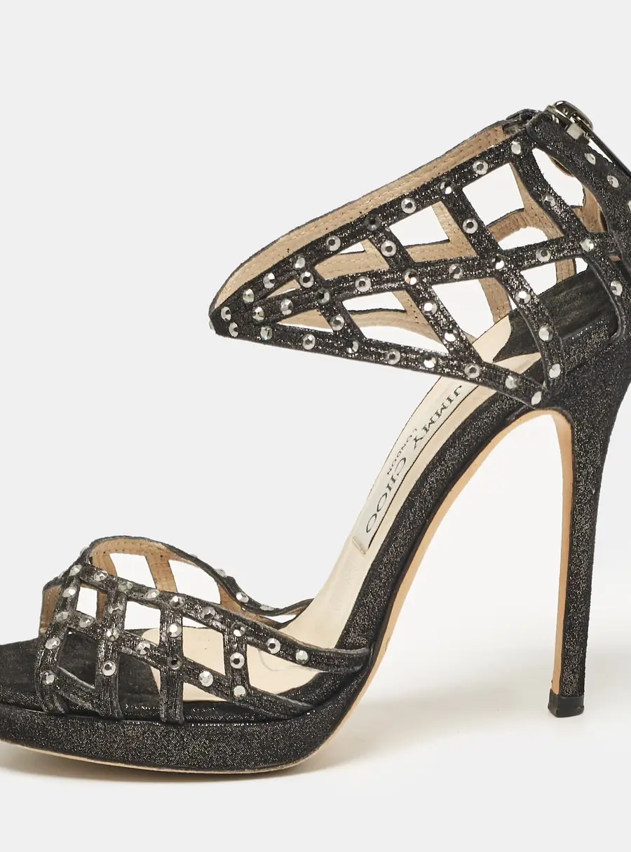 Jimmy Choo Black Suede Crystal Embellished Cut Out Strappy Sandals Size 35.5
