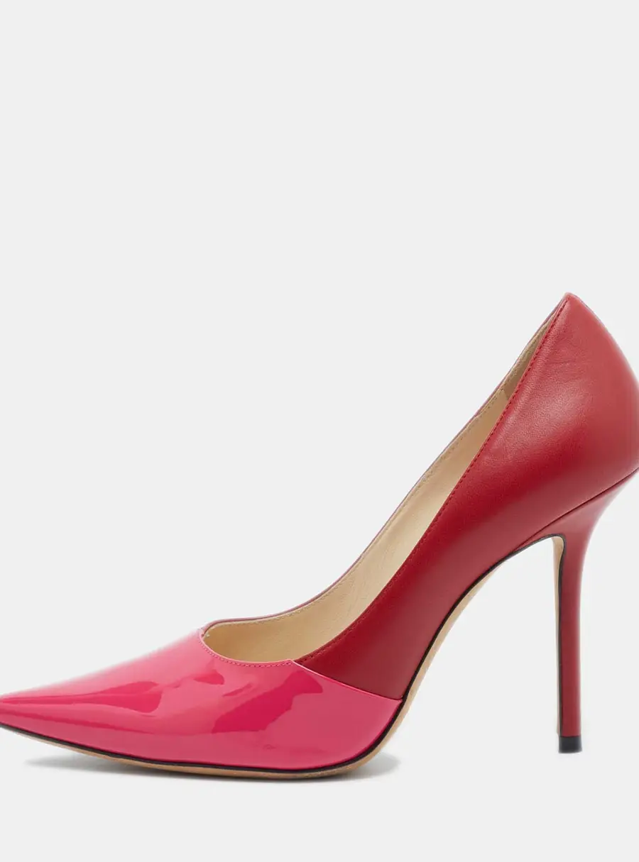 Jimmy Choo Pink/Red Patent and Leather Asymmetric Love Pumps Size 37