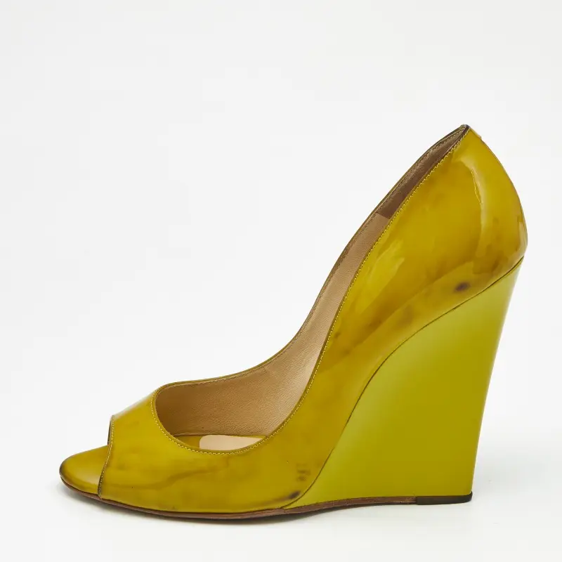 Jimmy Choo Yellow Patent Leather Bello Peep Toe Wedge Pumps Size 38