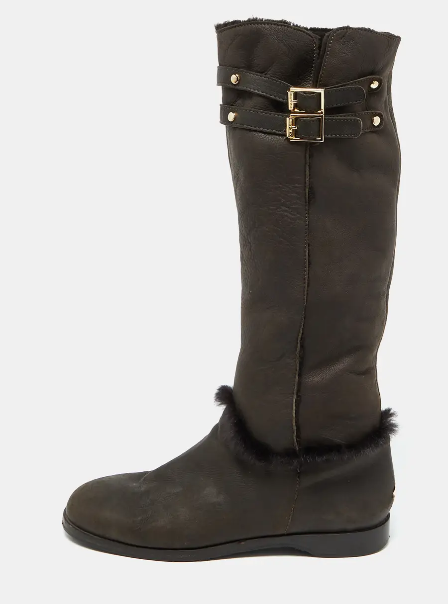 Jimmy Choo Dark Brown Leather and Fur High Snow Boots Size 40