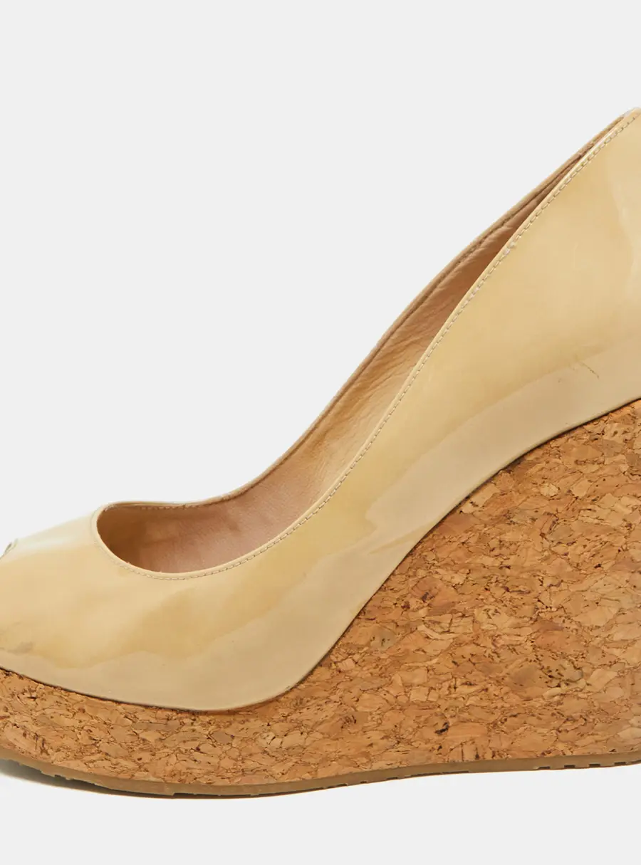 Jimmy Choo Beige Patent Leather Parley Cork Platform Wedge Pumps Size 39.5