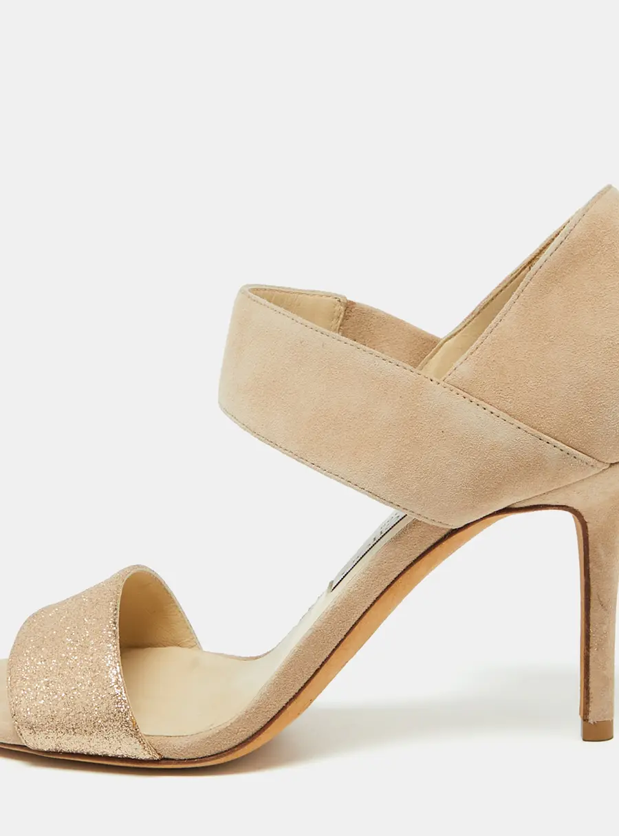 Jimmy Choo Beige Suede and Glitter Tesoro Strap Sandals Size 37.5