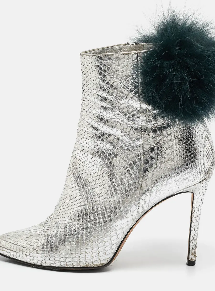 Jimmy Choo Silver Python Embossed Leather and Fur Ankle Length Boots Size 36.5