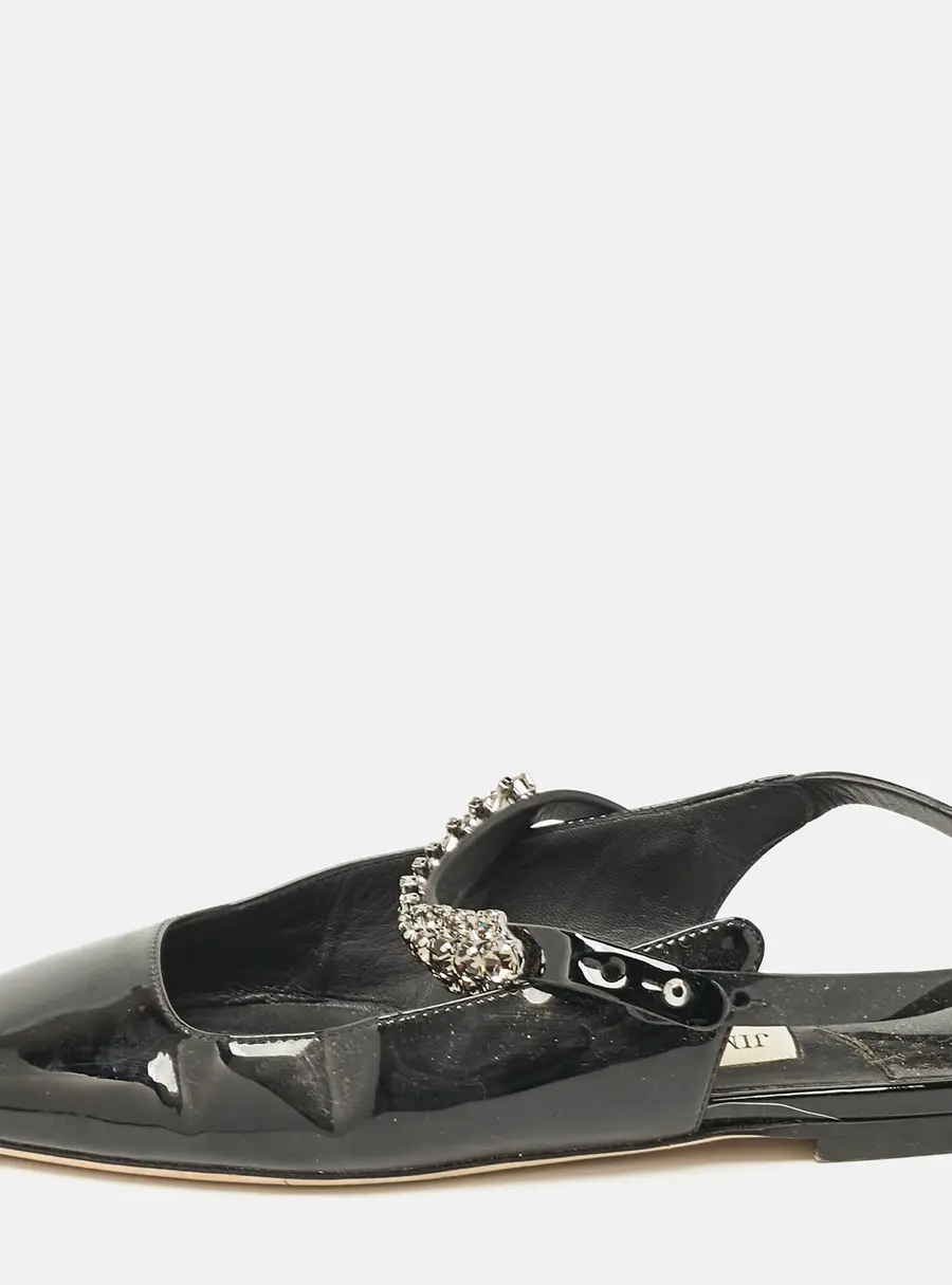 Jimmy Choo Black Patent Crystal Embellished Slingback Flat Sandals Size 35