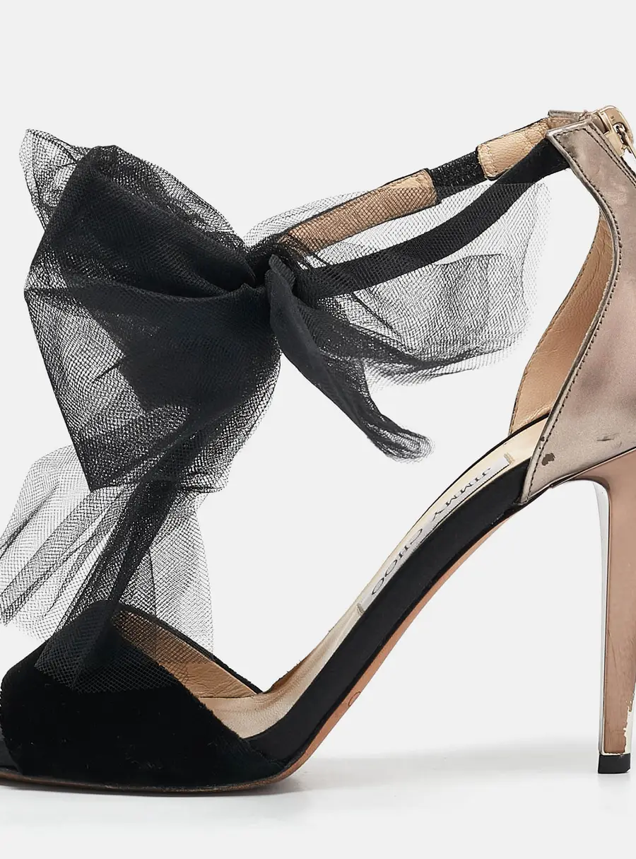 Jimmy Choo Black Leather and Velvet Aveline Ankle Strap Sandals Size 38