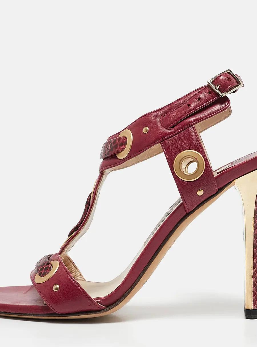 Jimmy Choo Red Leather and Snakeskin Leather Ankle Strap Sandals Size 37