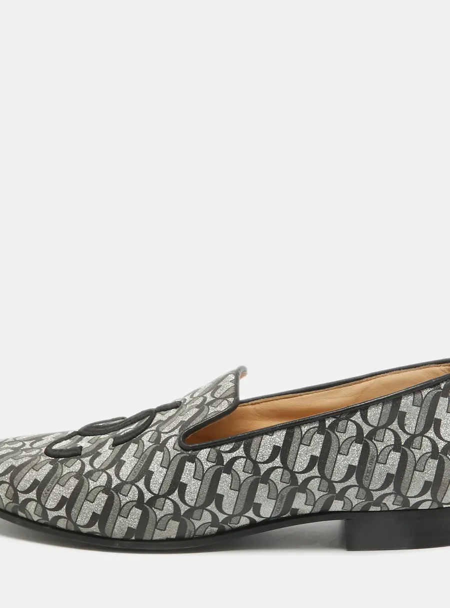 Jimmy Choo Silver/Black Glitter Fabric Sache JC Monogram Smoking Slippers Size 39