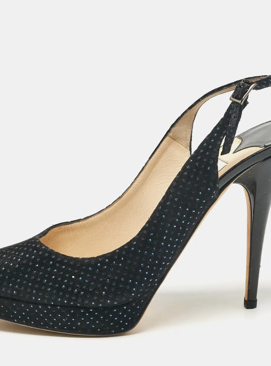 Jimmy Choo Black Embellished Suede Peep Toe Platorm Slingback Pumps Size 41