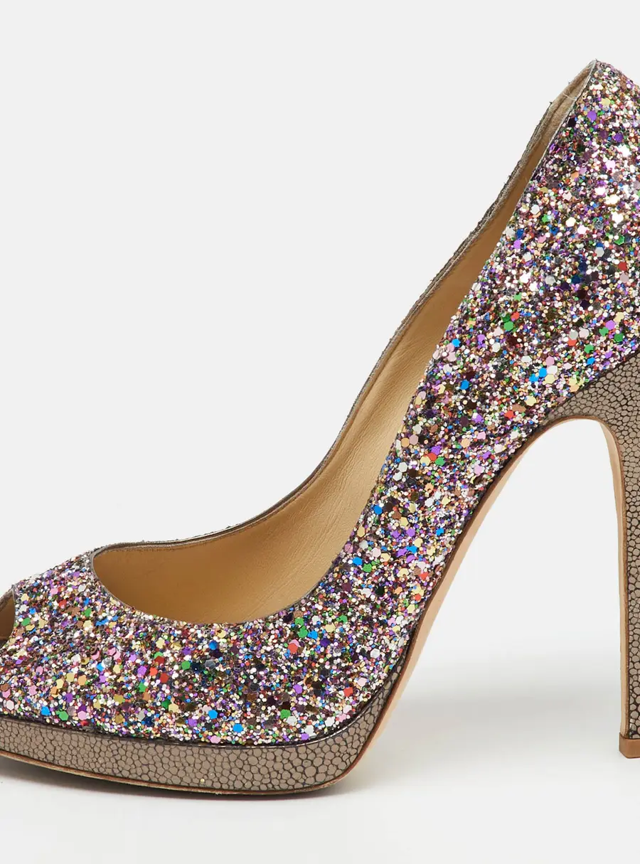Jimmy Choo Metallic Multicolor Coarse Glitter Crown Peep Toe Platform Pumps Size 40