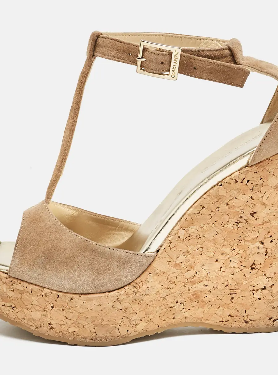 Jimmy Choo Beige Suede Pela Cork T-Strap Sandals Size 38