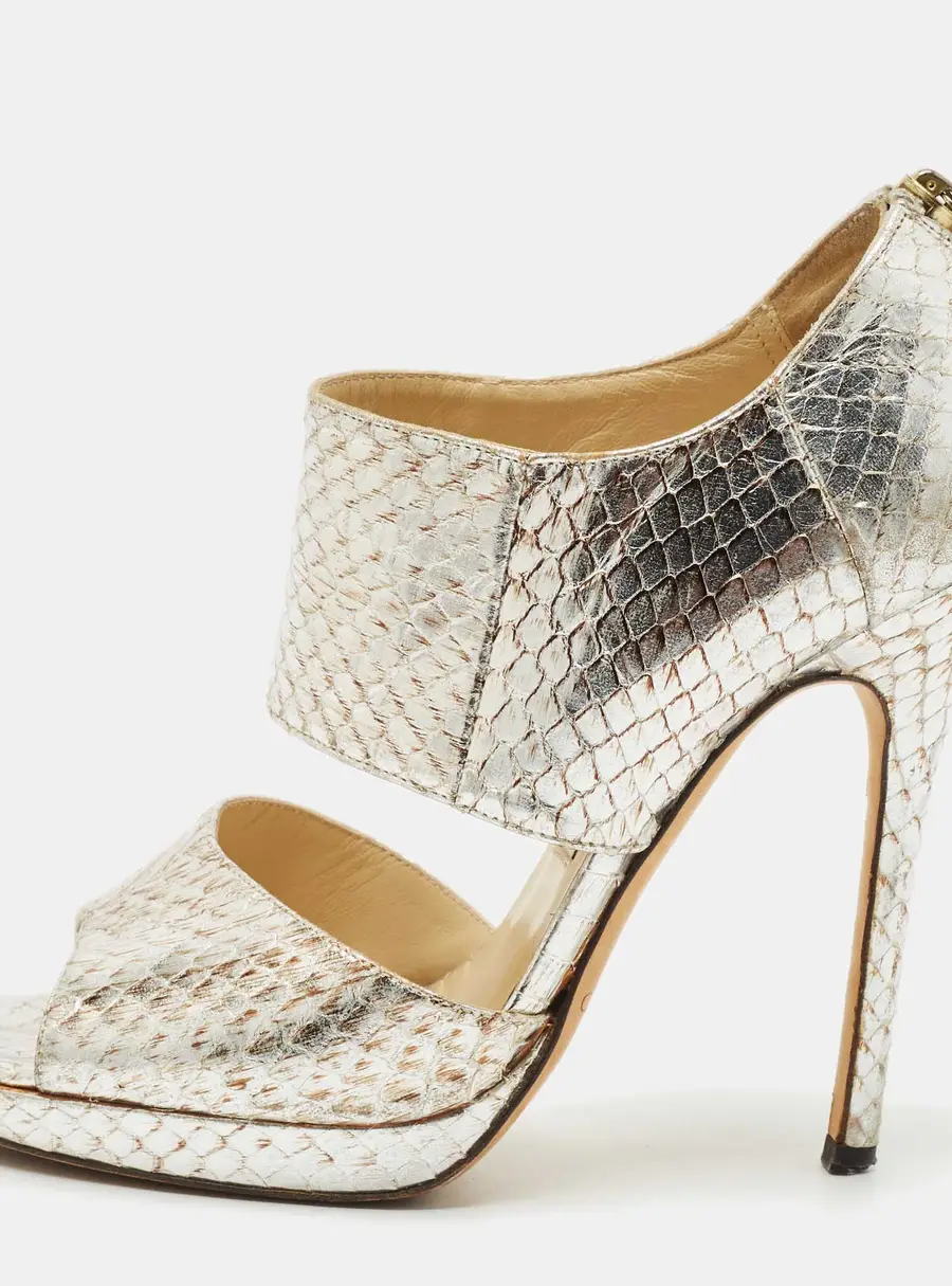 Jimmy Choo Private Size 37.5 Metallic Python Embossed Leather Ankle Strap Sandals