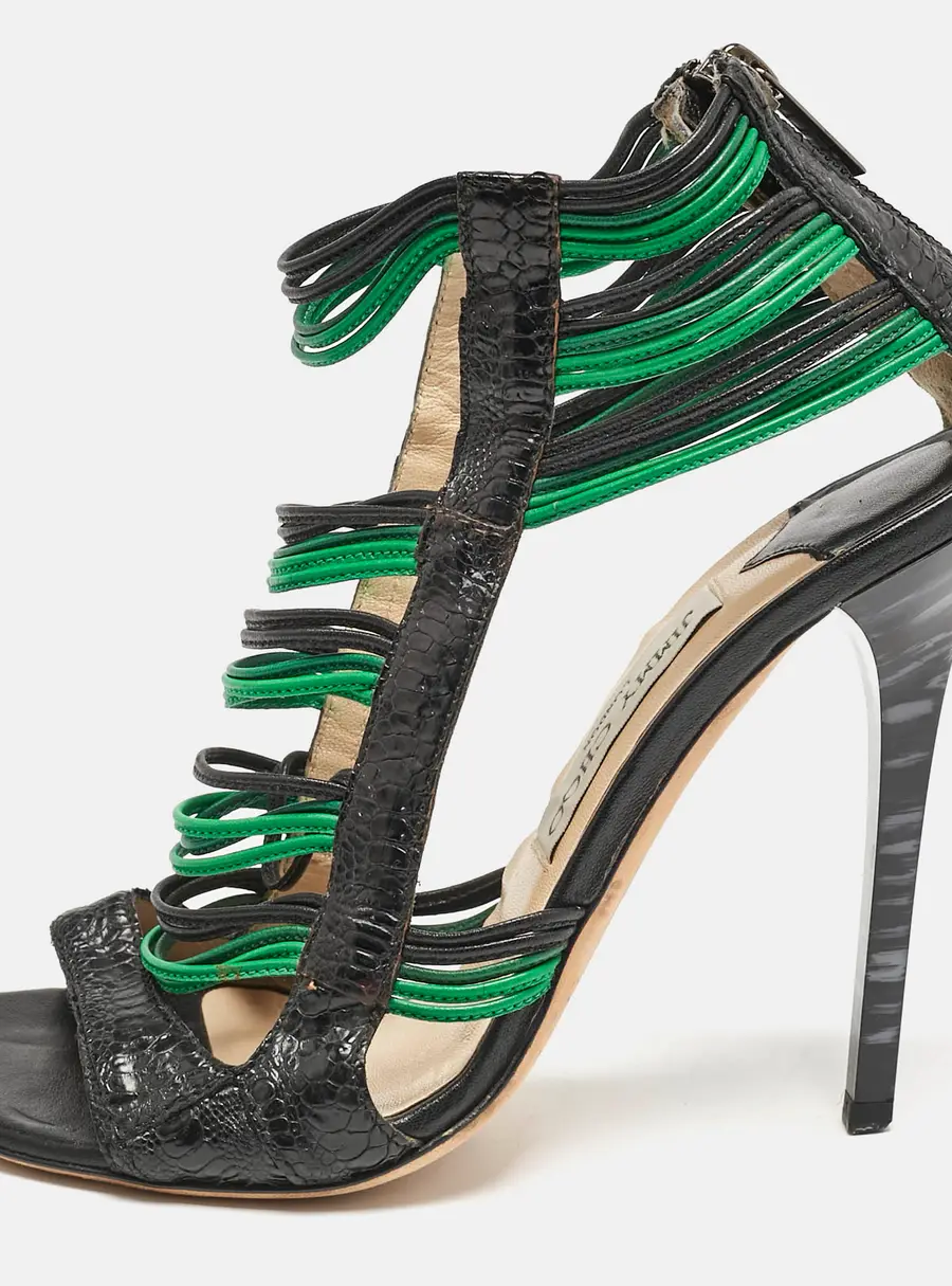 Jimmy Choo Black/Green Ostrich Leg Leather Corsica Ankle Strap Sandals Size 38