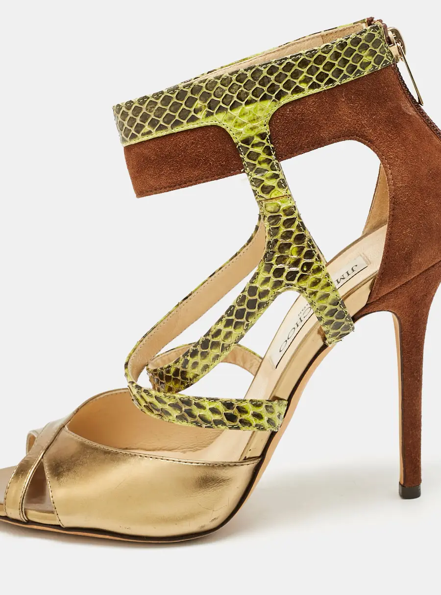 Jimmy Choo Size 39 Multicolor Python Embossed Leather and Suede Ankle Strap Sandals