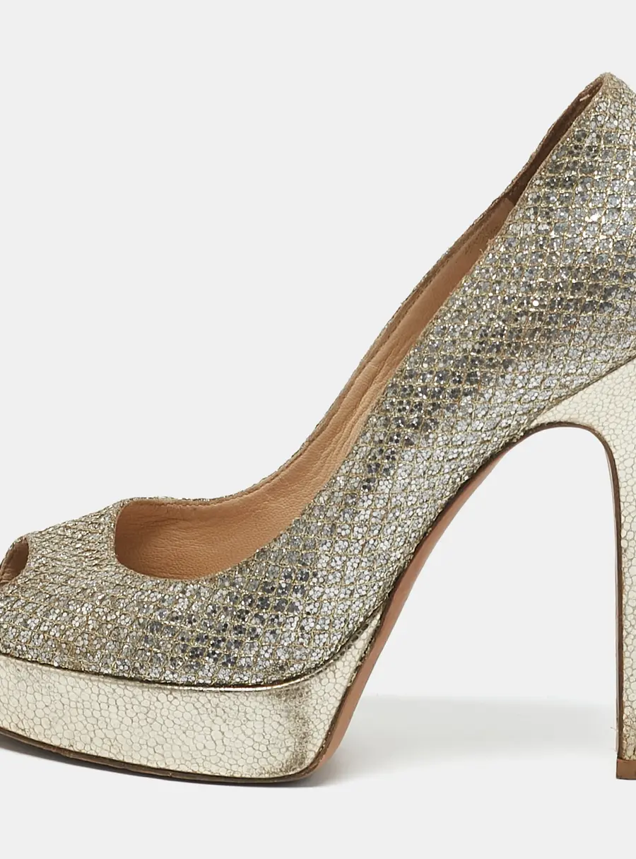 Jimmy Choo Gold/Silver Glitter and Leather Luna Peep Toe Pumps Size 37