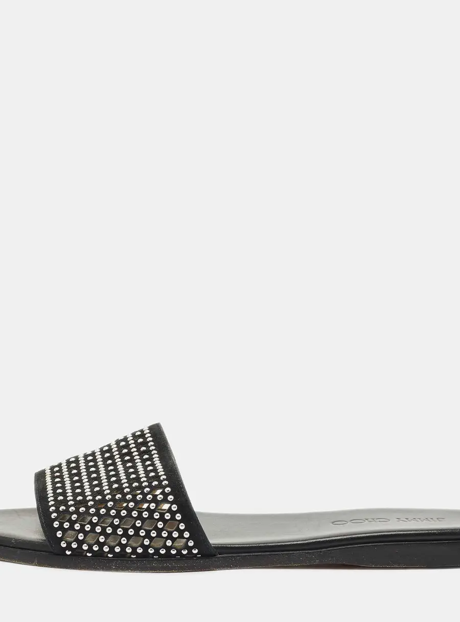 Jimmy Choo Black Leather and Suede Studded Minea Flat Slides Size 41