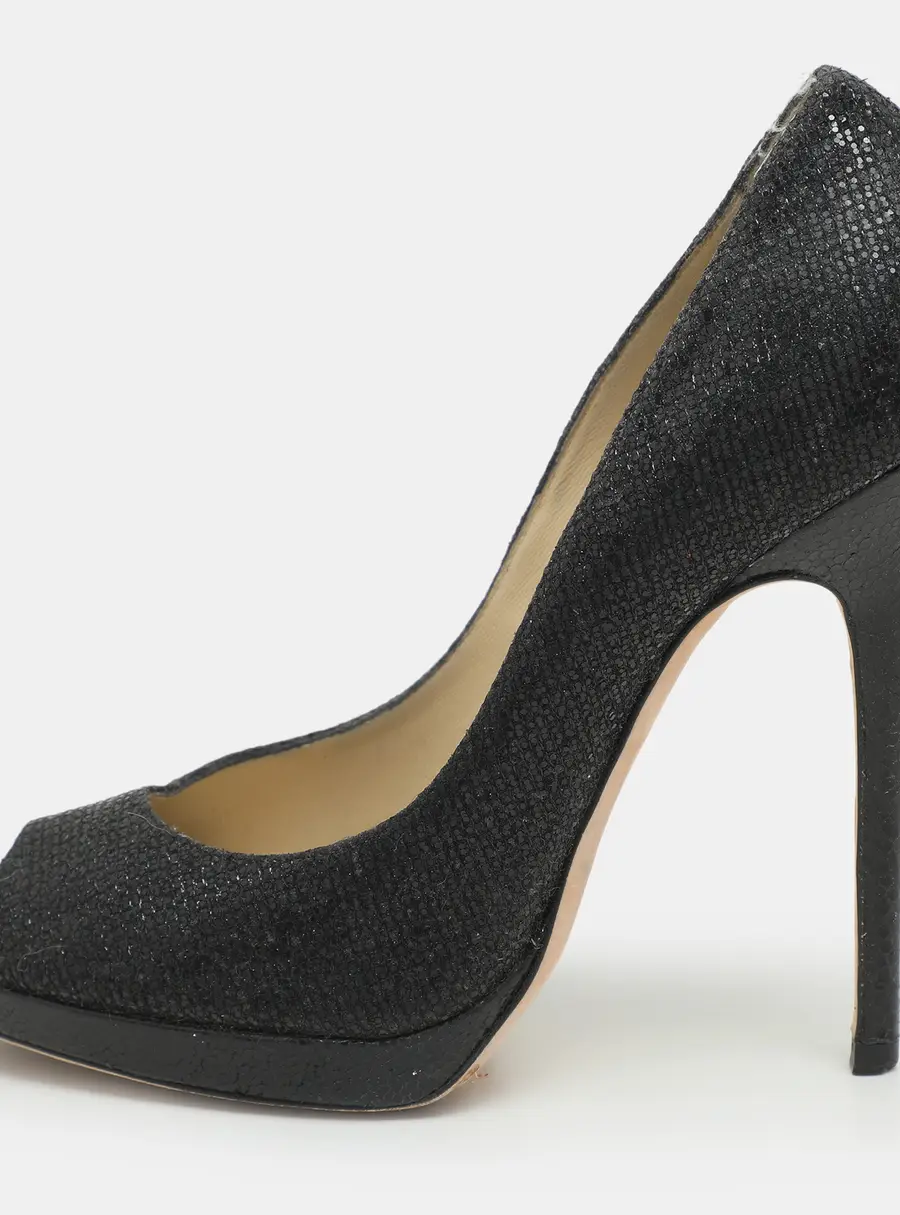 Jimmy Choo Black Glitter Fabric and Leather Luna Platform Pumps Size 39