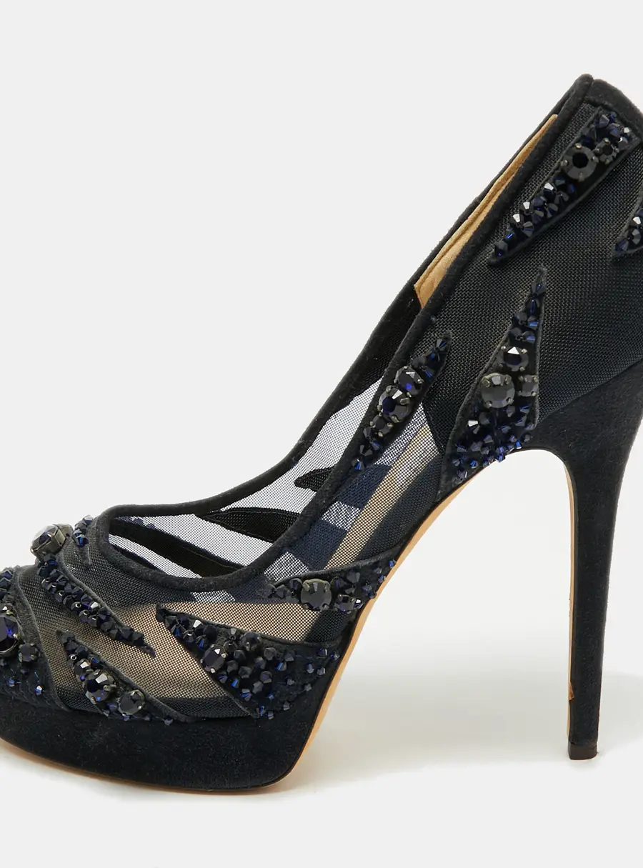 Jimmy Choo Navy Blue Crystal Embellished Suede and Mesh Kershaw Platform Pumps Size 41