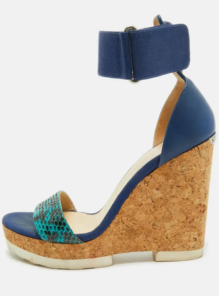 Jimmy Choo Blue Python and Leather Neston Cork Platform Wedge Sandals Size 41