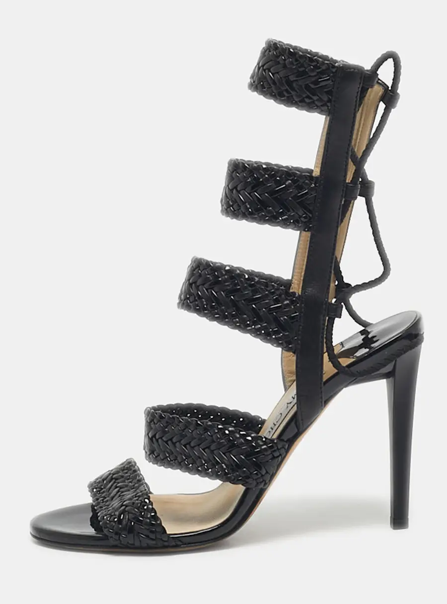 Jimmy Choo Lima Size 37 Black Leather and Patent Leather Gladiator Sandals