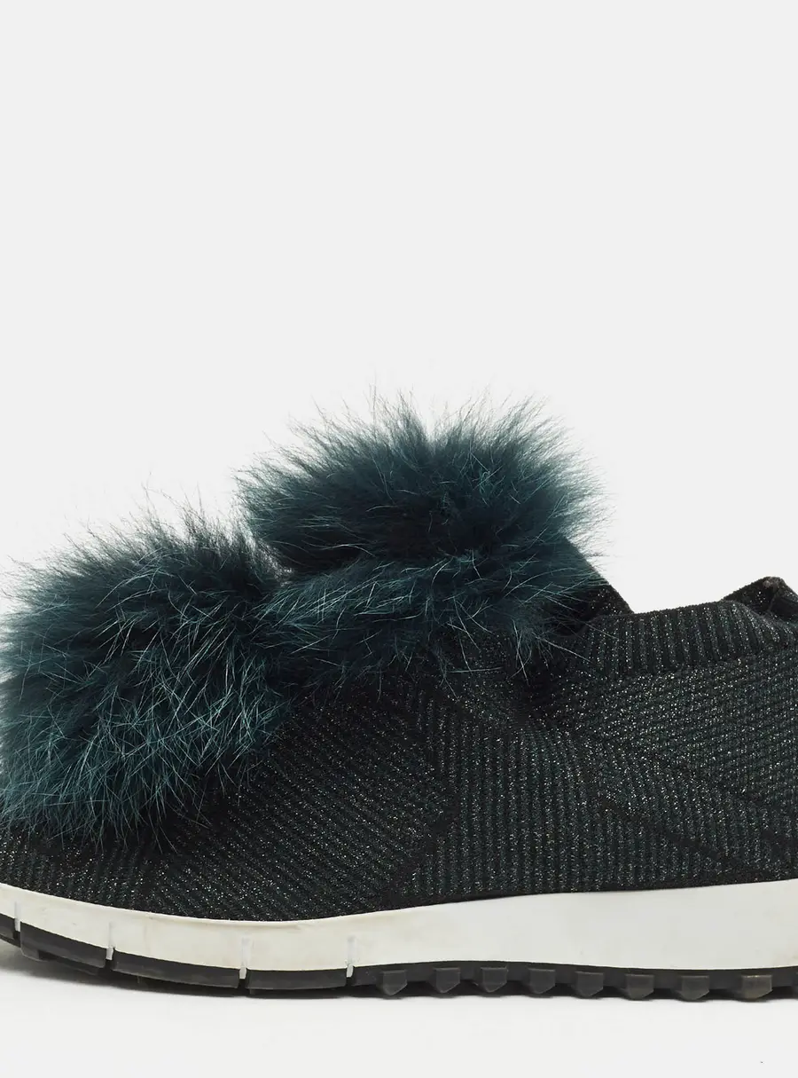 Jimmy Choo Green Knit Fabric and Mink Fur Norway Slip On Sneakers Size 37.5