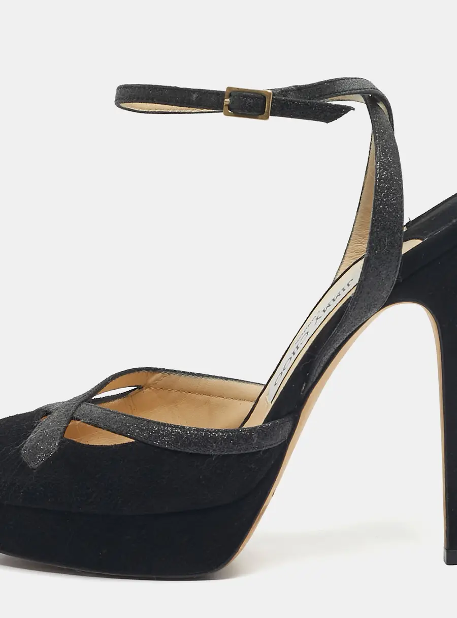Jimmy Choo Black Glitter and Suede Platform Ankle Wrap Pumps Size 37