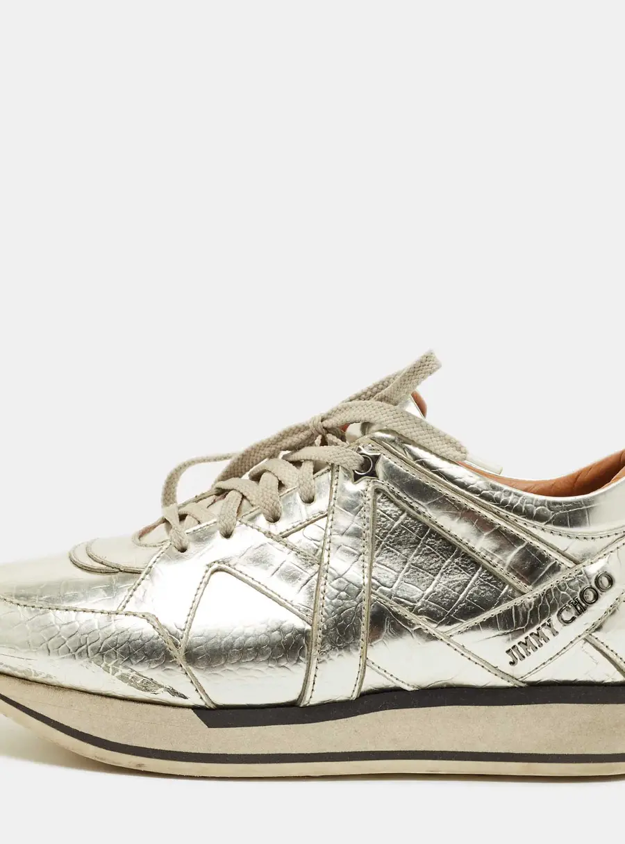 Jimmy Choo Miami Size 37.5 Beige Python Embossed Leather and Suede Lace Up Sneakers