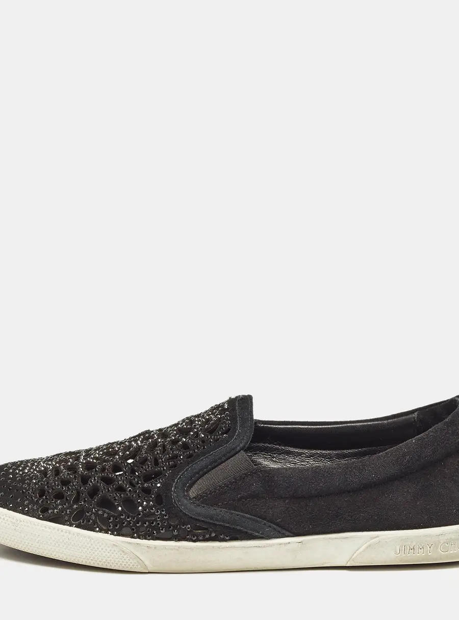 Jimmy Choo Black Suede Crystal Embellished Cut-Out Slip On Sneakers Size 36