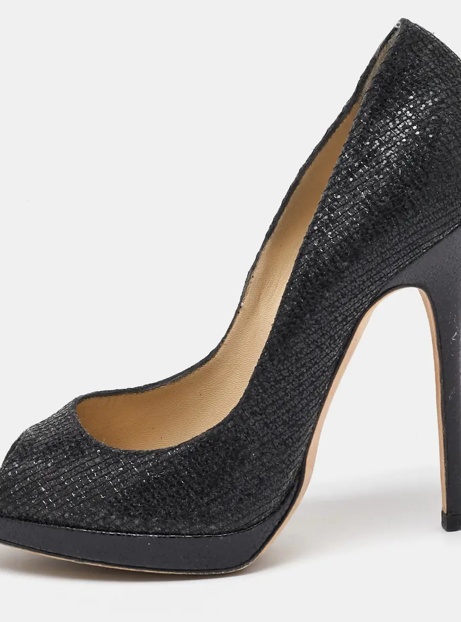 Jimmy Choo Black Glitter Fabric Luna Peep Toe Platform Pumps Size 37