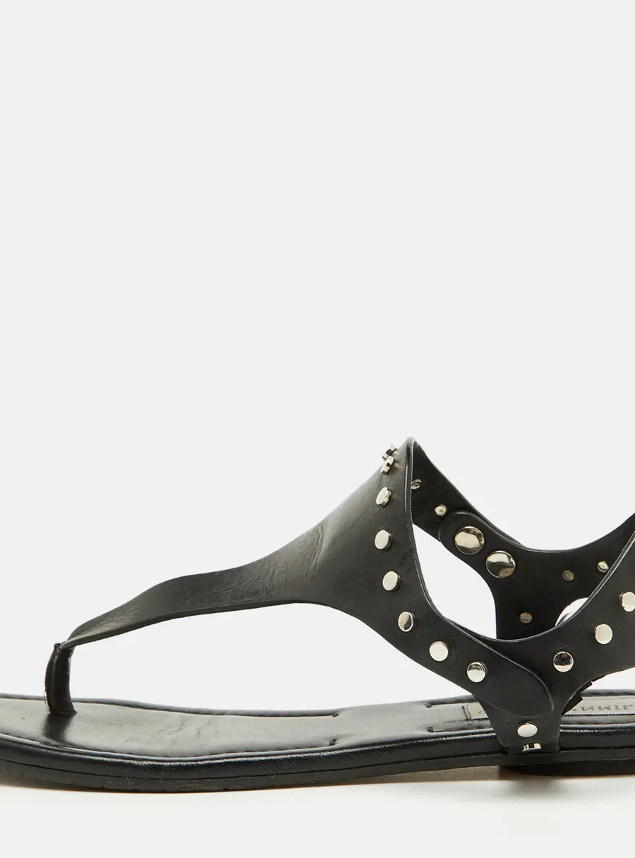 Jimmy Choo Black Leather Studded T-Strap Flat Sandals Size 37