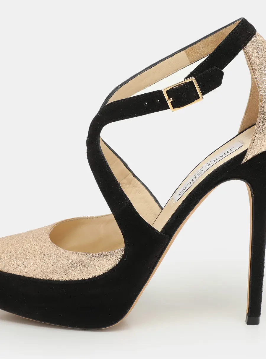 Jimmy Choo Black Suede And Gold Glitter Fabric Round Toe Ankle Strap Platform Pumps Size 38.5