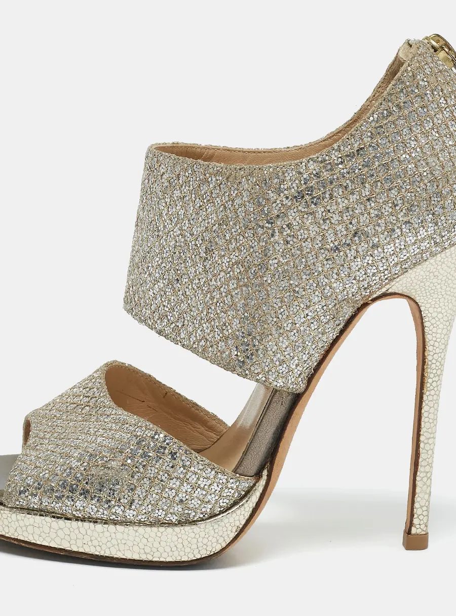 Jimmy Choo Metallic Silver Glitter Private Platform Sandals Size 37
