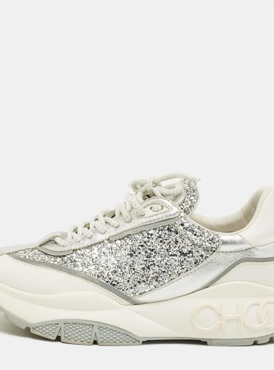 Jimmy Choo Silver Glitter and Leather Raine Lace Up Sneakers Size 41
