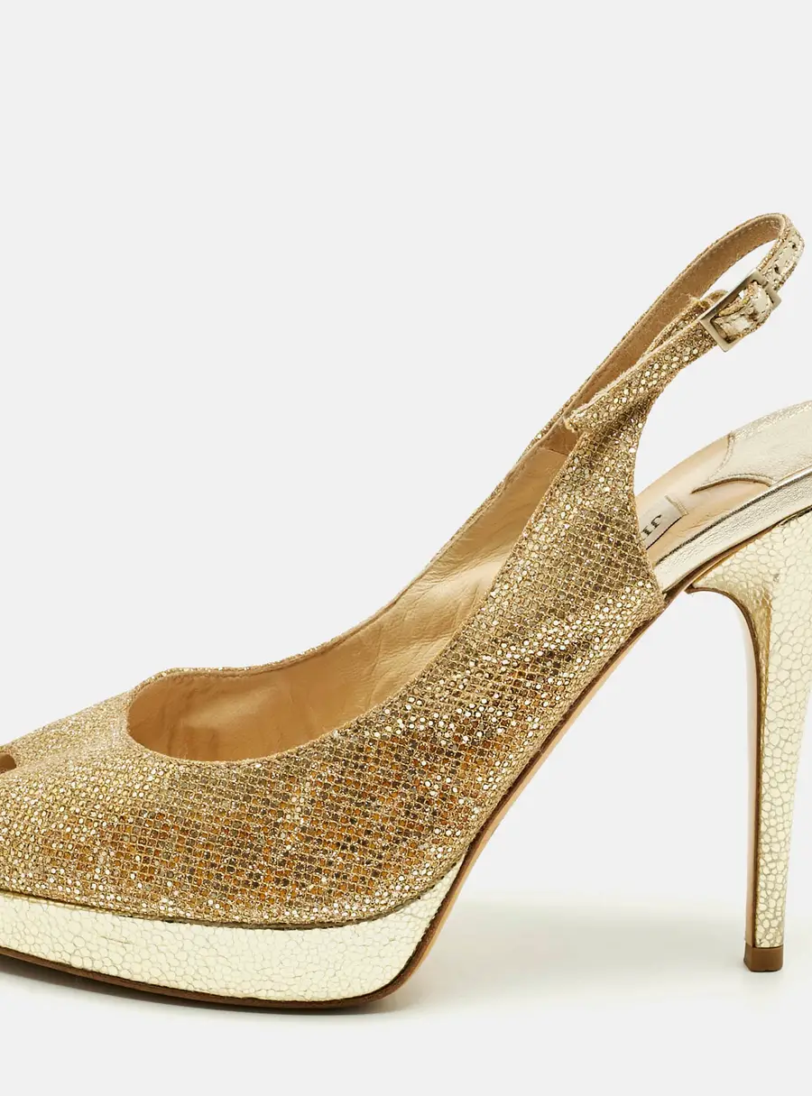 Jimmy Choo Gold Glitter Verity Peep Toe Slingback Pumps Size 40