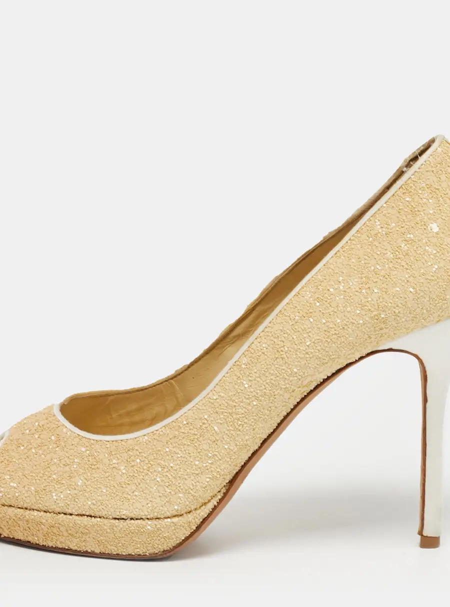Jimmy Choo Beige Glitter Dahlia Peep Toe Pumps Size 40