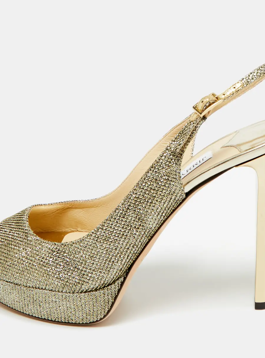 Jimmy Choo Gold Glitter Accents Peep Toe Slingback Pumps Size 40